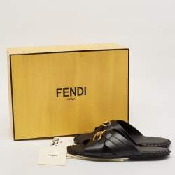 Fendi Black Leather O'Lock Flat Slides Size 41