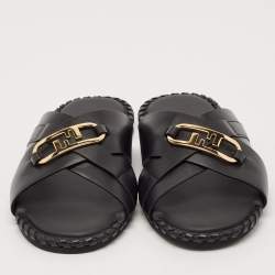Fendi Black Leather O'Lock Flat Slides Size 41