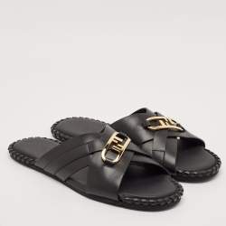 Fendi Black Leather O'Lock Flat Slides Size 41