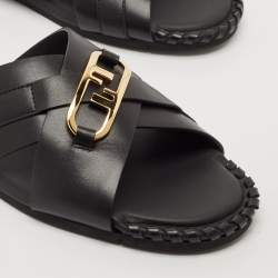 Fendi Black Leather O'Lock Flat Slides Size 41