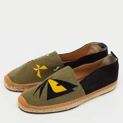 مملوكة مسبقًا Fendi Black/Green Suede and Canvas Bag Bugs Monster Espadrille Flats Size 45