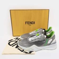 Pre Owned Fendi Grey/Green Fabric and Rubber Flow Low Top Sneakers Size 44