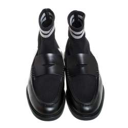 Fendi Black Knit Fabric And Leather High Top Sock Penny Loafers Size 44
