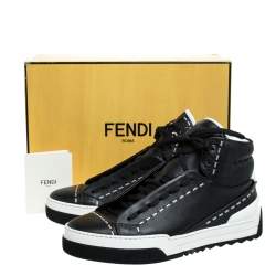 Pre Owned Fendi Black/White Leather Lace Up High Top Sneakers Size 43