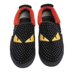 Fendi Black/Red Studded Suede and Leather Monster Slip On Sneakers Size 39