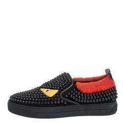Fendi Black/Red Studded Suede and Leather Monster Slip On Sneakers Size 39