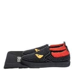 Fendi Black/Red Studded Suede and Leather Monster Slip On Sneakers Size 39