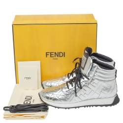 مملوكة مسبقًا Fendi Silver Leather FFreedom High Top Sneakers Size 43