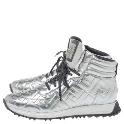 مملوكة مسبقًا Fendi Silver Leather FFreedom High Top Sneakers Size 43