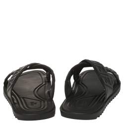 Pre Owned Fendi Black Leather Embossed FF Logo Flat Sandals Size 42