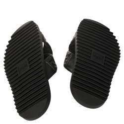 Pre Owned Fendi Black Leather Embossed FF Logo Flat Sandals Size 42