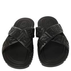 Pre Owned Fendi Black Leather Embossed FF Logo Flat Sandals Size 42