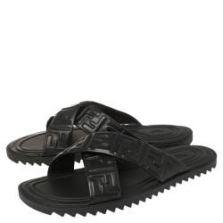 Pre Owned Fendi Black Leather Embossed FF Logo Flat Sandals Size 42