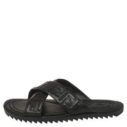 Pre Owned Fendi Black Leather Embossed FF Logo Flat Sandals Size 42