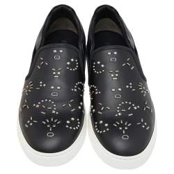 Fendi Black Leather Studded Slip On Sneakers Size 42.5