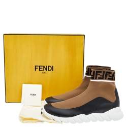 Fendi Brown/Beige FF Knit Fabric Sock Sneakers Size 45