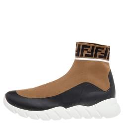 Fendi Brown/Beige FF Knit Fabric Sock Sneakers Size 45