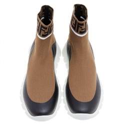 Fendi Brown/Beige FF Knit Fabric Sock Sneakers Size 45