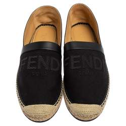 Fendi Black Canvas and Leather Logo Embroidered Espadrille Sneakers Size 43.5