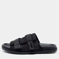 Fendi Black Canvas Strapped  Embossed FF Logo Slide Size 45 