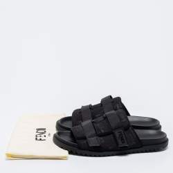 Fendi Black Canvas Strapped  Embossed FF Logo Slide Size 45 