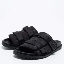 Fendi Black Canvas Strapped  Embossed FF Logo Slide Size 45 