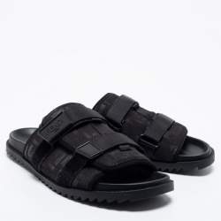 Fendi Black Canvas Strapped  Embossed FF Logo Slide Size 45 