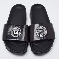 Fendi Black Leather Logo Embossed Flat Slides Size 42