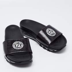 Fendi Black Leather Logo Embossed Flat Slides Size 42