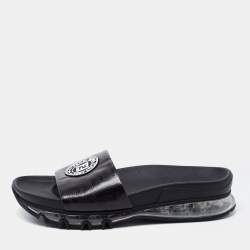Fendi Black Leather Logo Embossed Flat Slides Size 42