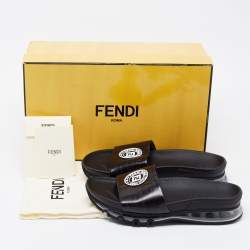 Fendi Black Leather Logo Embossed Flat Slides Size 42