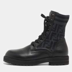 Fendi Black Leather and FF Fabric Ankle Boot Size 42