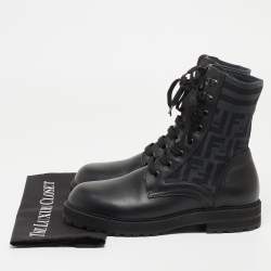 Fendi Black Leather and FF Fabric Ankle Boot Size 42