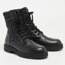Fendi Black Leather and FF Fabric Ankle Boot Size 42