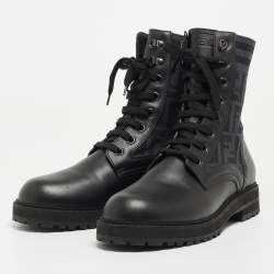 Fendi Black Leather and FF Fabric Ankle Boot Size 42