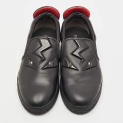 Fendi Black Leather Monster 3D Eyes Slip On Sneakers Size 44