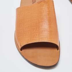 Fendi Tan Zucca Embossed Leather Slides Size 45