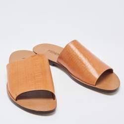 Fendi Tan Zucca Embossed Leather Slides Size 45