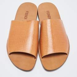 Fendi Tan Zucca Embossed Leather Slides Size 45