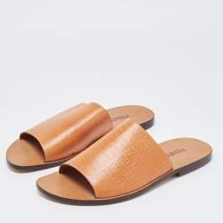Fendi Tan Zucca Embossed Leather Slides Size 45