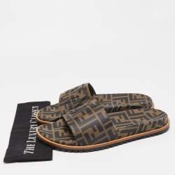 Pre Owned Fendi Brown/Black Zucca Rubber Slides Size 45