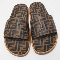 Pre Owned Fendi Brown/Black Zucca Rubber Slides Size 45