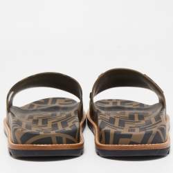 Pre Owned Fendi Brown/Black Zucca Rubber Slides Size 45