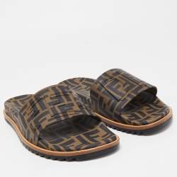 Pre Owned Fendi Brown/Black Zucca Rubber Slides Size 45