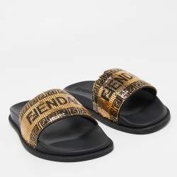 Pre Owned Fendi X Versace Gold Metal and Rubber Flat Slides Size 43