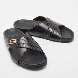 Pre Owned Fendi Black Crocodile and Leather Flat Slides Size 41
