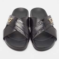 Pre Owned Fendi Black Crocodile and Leather Flat Slides Size 41