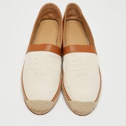 Fendi Brown/Cream Canvas And Leather Slip On Loafers Size 43