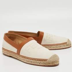 Fendi Brown/Cream Canvas And Leather Slip On Loafers Size 43