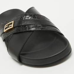 Fendi Black Crocodile and Leather Flat Slides Size 44
